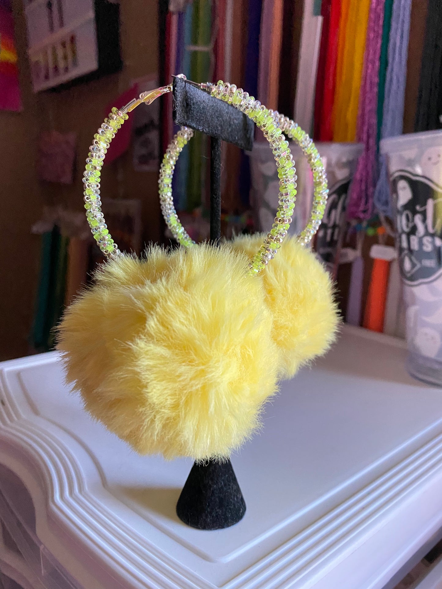 Neon Yellow Pom Hoops by Beading It Real