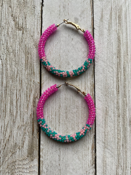 RTS-Bright Pink & Emerald Teal Hoops by Beading It Real